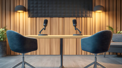 podcast space with two microphones, modern seating, a wooden table, and soft lighting, designed for comfortable, engaging interviews 