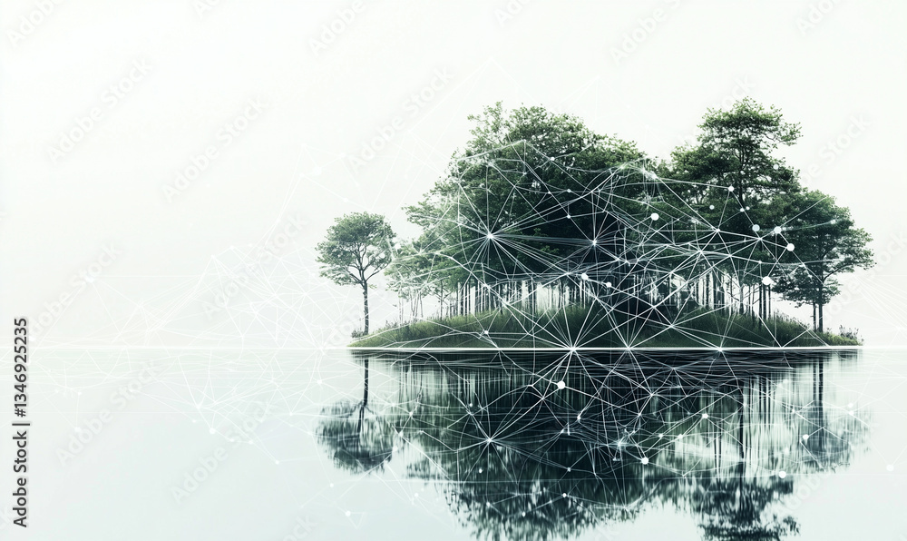 Poster a stylized illustration of trees on an island, reflecting on calm water with geometric lines creatin