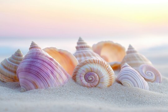 Seashells of various sizes and colors rest on a sandy beach at sunset. - Powered by Adobe