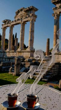 A Scenic View of Two Steaming Teacups on a Stone Table with Ancient Ruins in the Background, Symbolizing Serenity in History