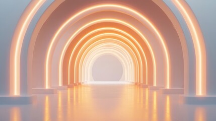 Fototapeta premium Abstract Futuristic Architecture with Neon Lights Illuminated Archway Corridor