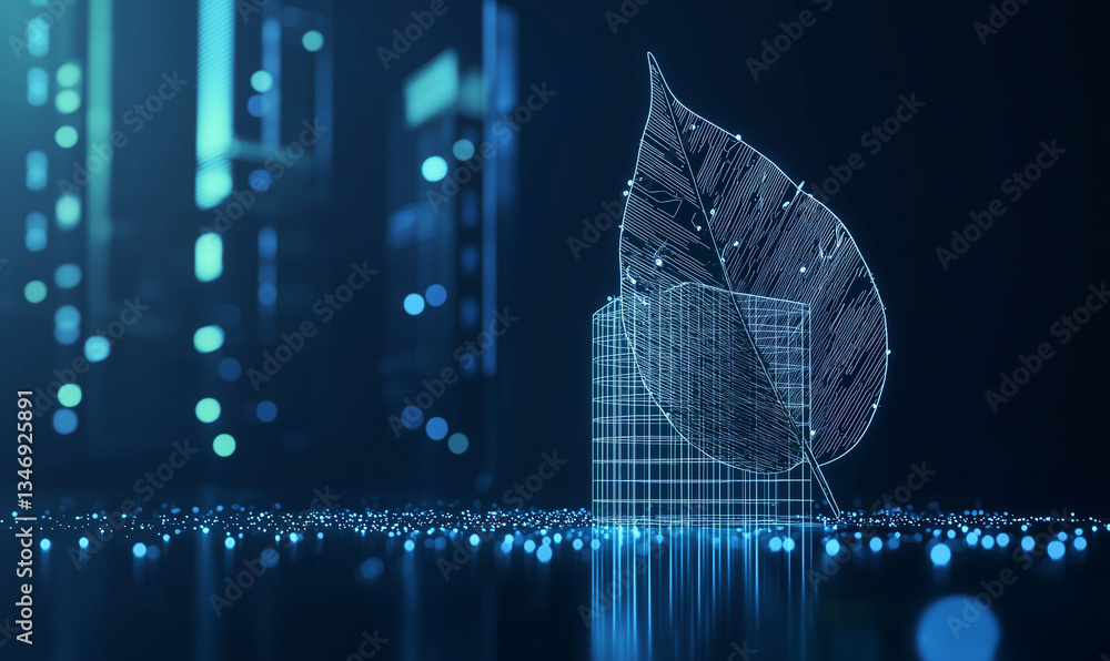 Aufkleber digital rendering of a leaf structure overlaid on a grid, representing technology and nature's syner
