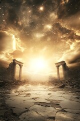 Fototapeta premium A stunning celestial scene with ancient stone pillars amidst a cracked landscape, illuminated by a radiant sun and a starry sky above.
