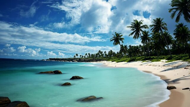 The Warm Sea coastline boasts beautiful palm trees, soft white sand, rock formations and towering mountains, making it the perfect tropical getaway.