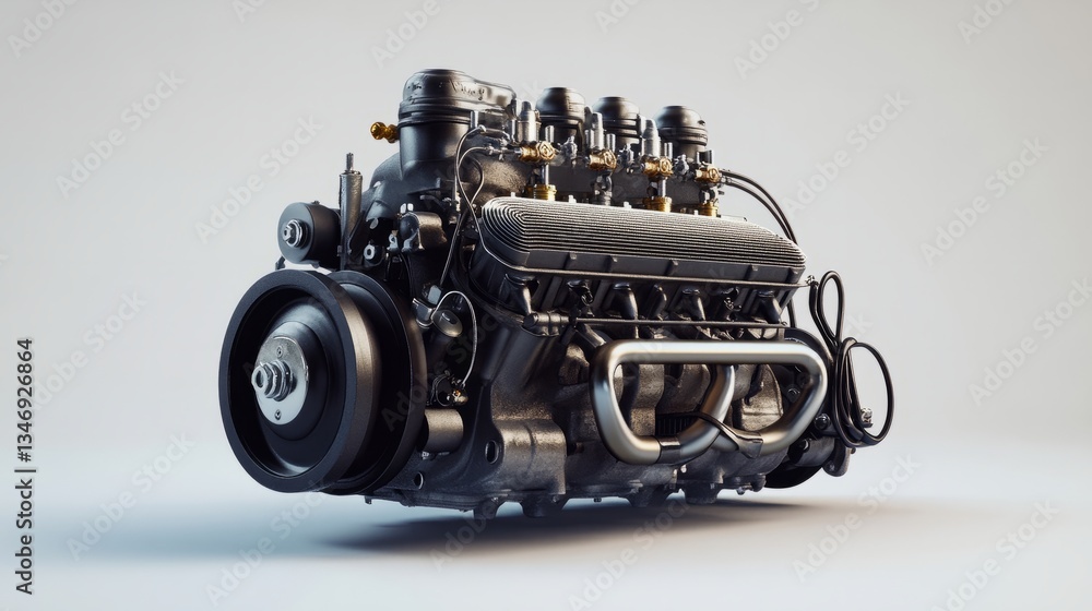 Poster a 3d rendering of an old-school v8 engine with visible cables and bolts, set on a minimalistic white