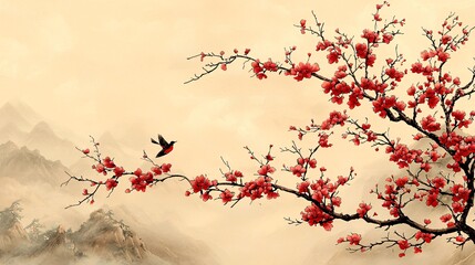 Peach Blossom, Bird, Misty Mountains