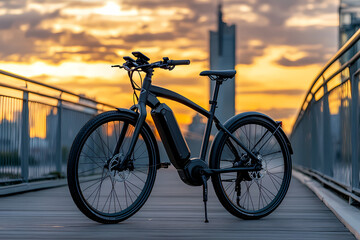 Obraz premium Electric Bicycle Silhouette: A sleek, modern electric bicycle stands proudly on a bridge against the backdrop of a stunning sunset.