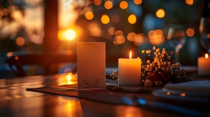 Romantic candlelit dinner setup a blank menu card warm tones and elegant copy space