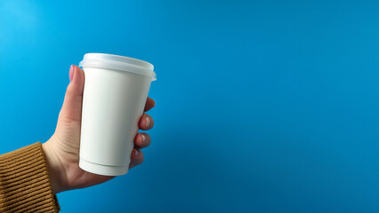 A stylishly extended hand holds a blank white cup, set against a striking blue background, ideal for product branding and advertising.