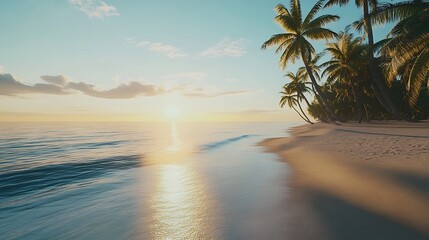 Fototapeta premium Stunning tropical beach with palm trees and sunset reflections on water high resolution wallpaper