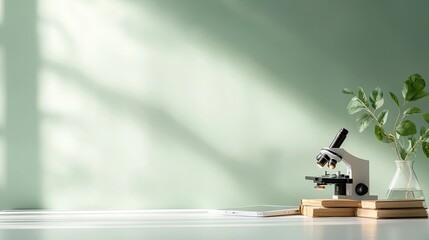 educational video workspace with scientific objects like microscope books and digital tablet set against light green