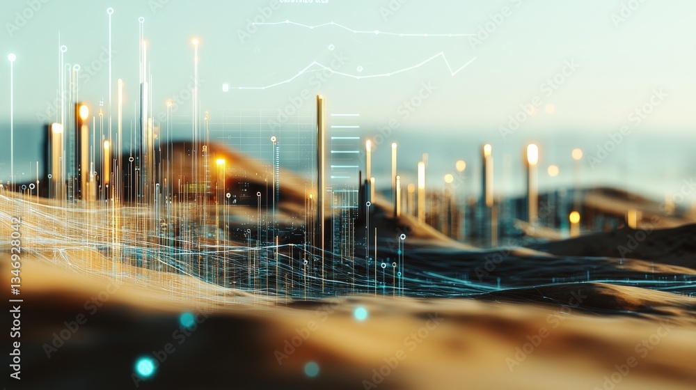 Poster a futuristic cityscape powered by fossil fuels with price trend graphs floating above.