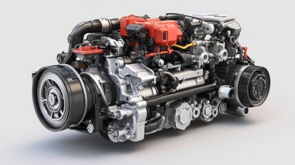 A diesel engine 3D render with visible fuel injection systems, showcased on a neutral white surface