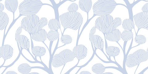 Minimal seamless pattern with tree silhouettes, branches, seaweeds. Vector abstract botanical ornament. Simple linear doodle style background. Subtle light blue and white texture. Repeated design