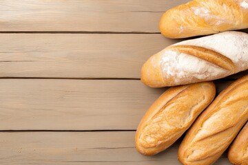 golden freshly baked assortment of bread and pastries arranged on rustic wooden table with ample copy space