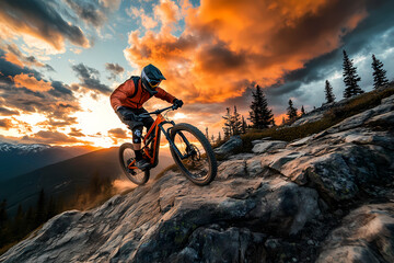 Cycling Adventure on Rocky Terrain: A dynamic cyclist fearlessly navigates rugged, rocky terrain on a mountain bike, set against a breathtaking backdrop of a fiery sunset.