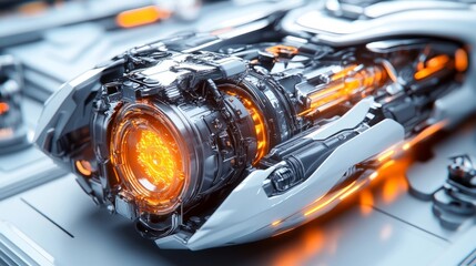 A futuristic 3D car engine concept, with angular design elements and glowing highlights, on white 