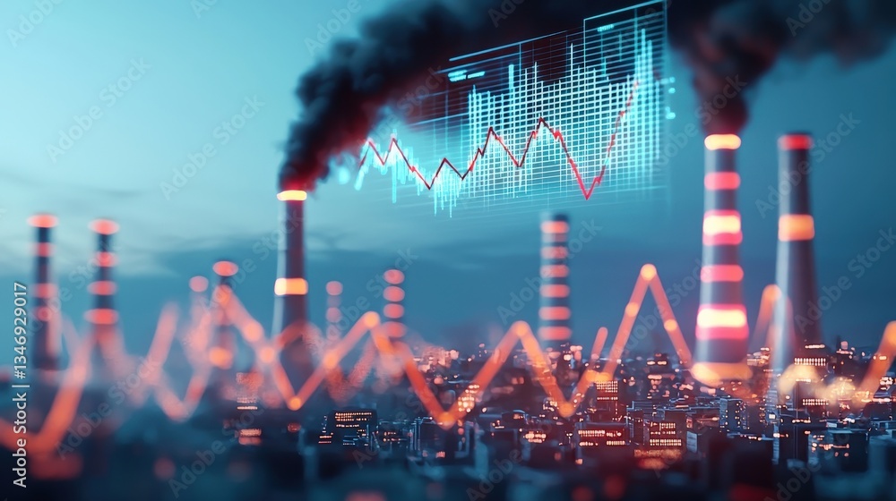 Poster a futuristic cityscape powered by fossil fuels with price trend graphs floating above.