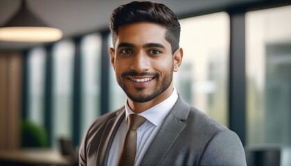 A smiling man in formal attire stands confidently in a sleek office environment, indicating success.