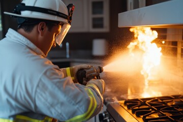 A dedicated firefighter skillfully uses an extinguisher to tackle a kitchen fire, underlining their crucial role in emergency response and the importance of fire management techniques.