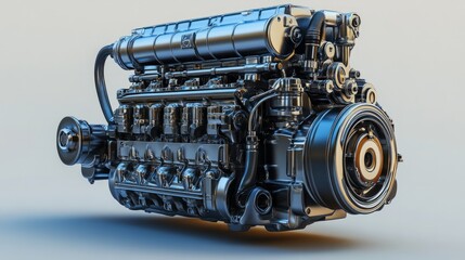 A high-performance racing car engine with visible air intake and exhaust components