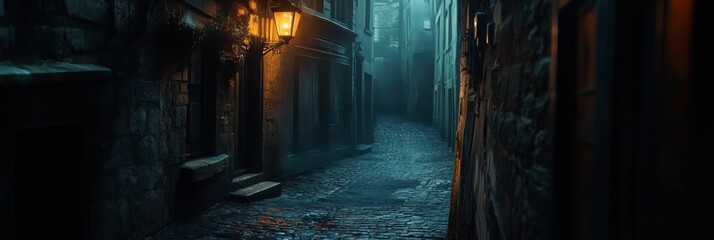 Fototapeta premium Misty cobblestone alley lit by gas lamps.
