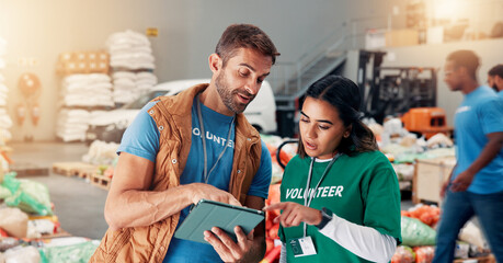 Teamwork, volunteers and people with tablet, charity and review of donations on website and...