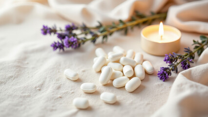 Magnesium Glycinate supplements in a bed setting with lavender and candle.