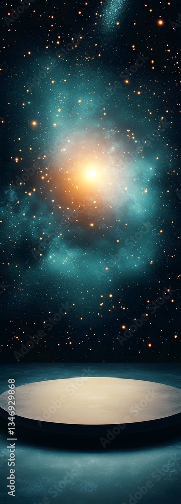 Poster a floating podium in zero gravity, surrounded by orbiting light particles.