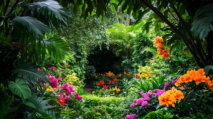 Dreamy subtropical garden with fresh floral accents and natural lush beauty high resolution wallpaper