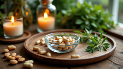 Magnesium glycinate supplement on rustic wooden table with candles and herbs.