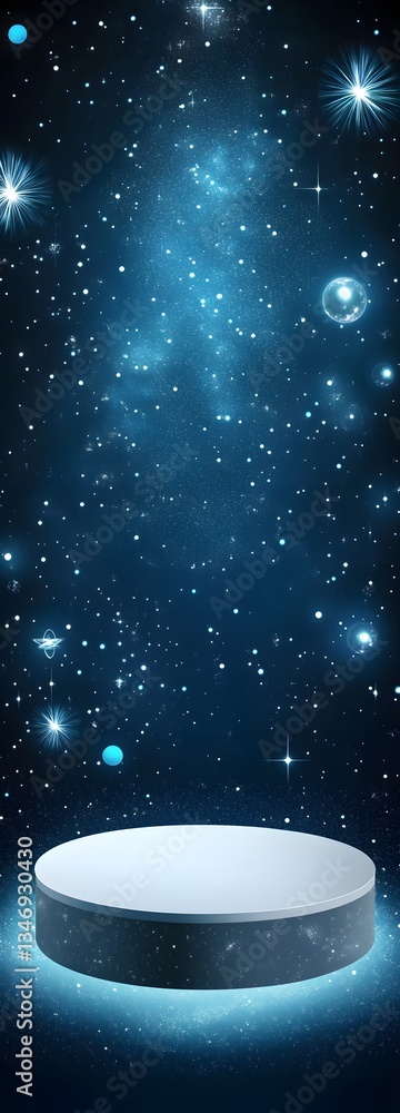 Poster a floating podium in zero gravity, surrounded by orbiting light particles.