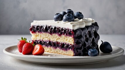 Part de gâteau aux myrtilles avec fraise à côté