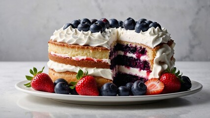 Gâteau avec genoise, myrtilles et grosses fraises