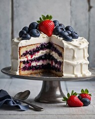 Gâteau aux myrtilles fraises et chantilly sur plateau
