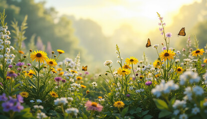 Obraz premium Summer landscape - view of lush verdant meadow with wildflowers, diverse herbs and fluttering butterflies. Created using generative AI tools