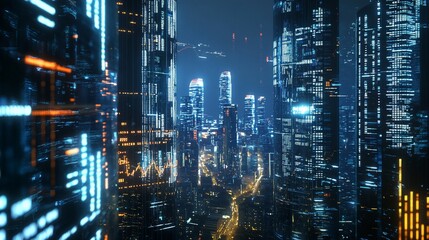 Financial district night view infused with digital analytics and technology