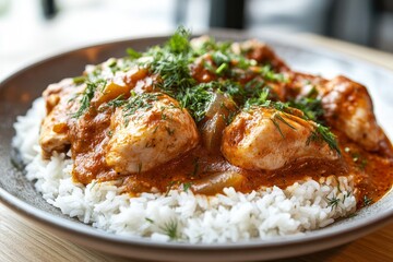 Savory chicken curry served over fluffy white rice with fresh herbs in a cozy dining setting