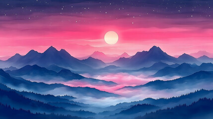 Serene mountain range landscape under a dreamy purple-pink sky with a rising sun, creating a peaceful, scenic vista
