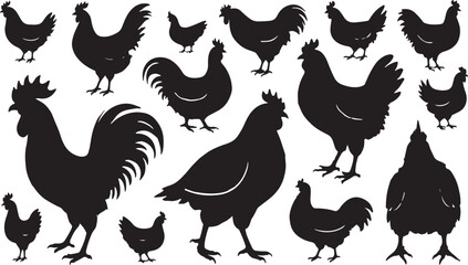 Naklejka premium Set of rooster silhouettes in vector style with various chicken and poultry illustrations