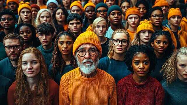 A diverse group of individuals stands together in solidarity, wearing orange and gray clothing, advocating for ecological awareness and equality. Their expressions reflect determination and urgency.