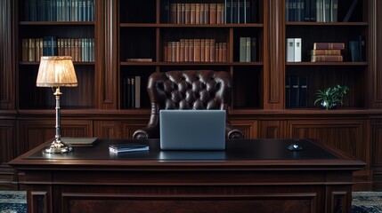Elegant home office with bookshelves and leather chair.  Possible use Stock photo for business, productivity, luxury, design