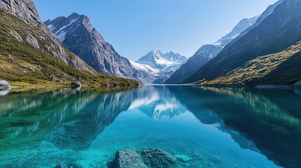 Crystal Lake Reflection: A breathtaking view of a serene, crystal-clear lake nestled amongst majestic mountains.