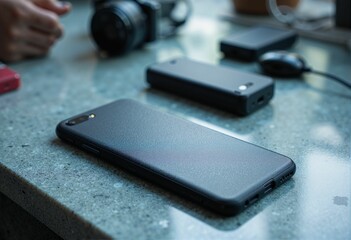 Smartphone mockup on dark textured surface - customizable template for app developers, UI/UX design, tech companies, digital marketing, and website presentations