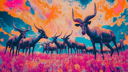 Antelopes graze in vibrant colorful landscape