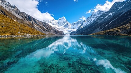 Fototapeta premium Serene Mountain Lake: A stunning alpine lake reflects snow-capped mountains and a bright blue sky, creating a panorama of natural beauty.