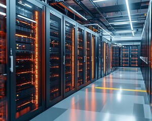 Modern server room for illuminated technology corridor.