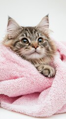 Cute cat and pink towel. Grooming cat. Close-up, indoors. Studio shot. Concept of care, education, obedience training and raising cats