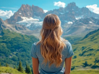 Naklejka premium Girl with long blonde hair standing with back to viewer, looking at mountains, blue t-shirt, snow-capped peaks, green hills, clear sky with few clouds