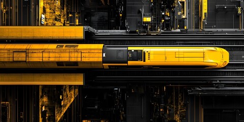 Aerial view of a modern yellow train on the tracks